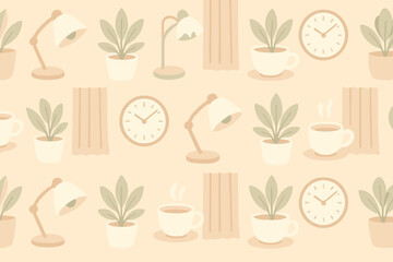 Patterns of indoor plants, lamps, and clocks arranged on a light background during a bright afternoon