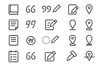 Collection of simple line icons representing various elements of writing and location marks in a grid layout