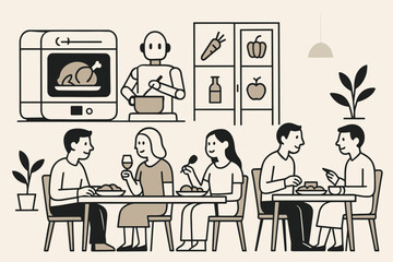 Fototapeta premium Cooking and enjoying meals with friends in a kitchen and dining area at home in a modern setting during the day