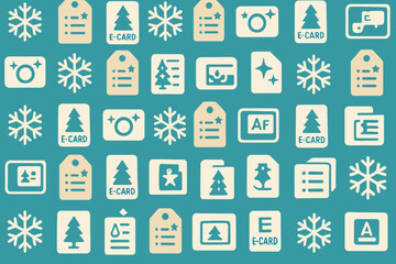 Fototapeta premium Holiday-themed e-card designs on a teal background with various symbols and tags