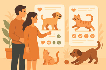 Naklejka premium Couple looks at pet choices in a warm room while a dog plays