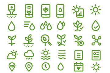 Icons showing water, plants, and weather symbols related to nature and environment in simple line drawings
