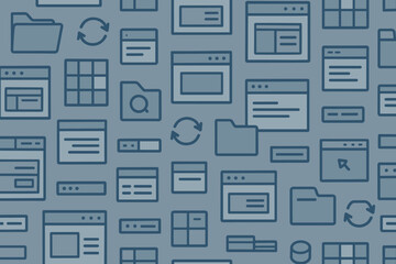 Background pattern with various web elements and icons on a blue theme showing digital design concepts and user interface styles