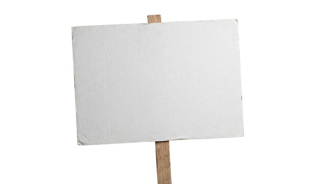 Blank white protest sign board attached to a wooden stick on transparent background