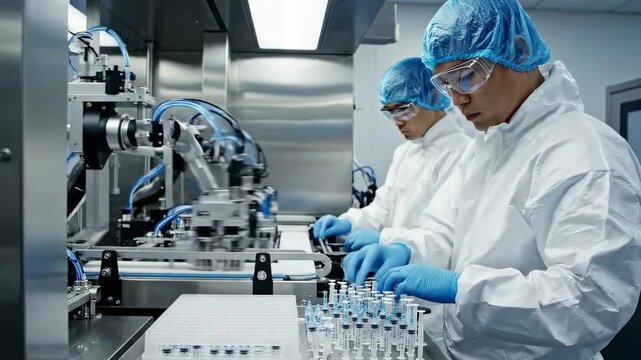 operator inspecting filled vials on line with automation equipment - sterile garments - labeling station - optical inspection - traceability scanning - batch record verification