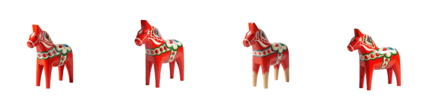 Set of traditional handcrafted Swedish Dala horses with vibrant red finishes and intricate hand-painted floral (Kurbits) patterns isolated on transparent background, oil paint.