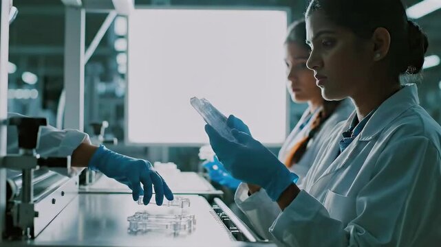 assembly inspector examines clear plastic component at bench under bright inspection light - wearing gloves and lab coat - careful quality checks for medical or consumer device production -