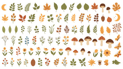 Large collection of autumn-themed elements including leaves, mushrooms, flowers, and berries in warm fall colors for design.