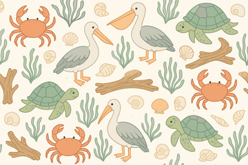 Obraz premium Animals and plants in a coastal scene with crabs, turtles, and birds on a light background