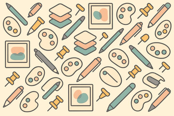 Art supplies and tools are arranged on a light background with patterns and shapes that show creative activities in a studio setting