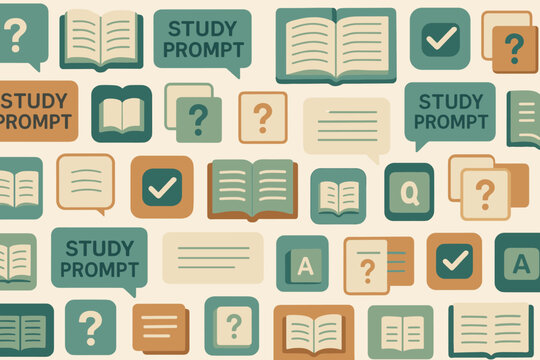 Study prompts and books arranged in a repeating pattern with various questions and ideas for learning in a modern design