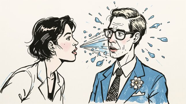 Woman yelling at man wearing glasses in playful cartoon style, April Fool&rsquo;s Day  
