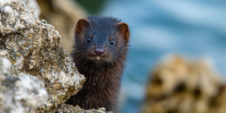 wildlife photography, close-up of a glossy florida mink peeking from behind limestone, its dark fur and black eyes sharply in focus with blurred marsh in background