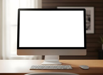 Fototapeta premium Computer monitor with white screen on wooden desk in office space