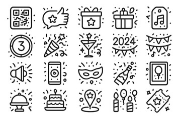 Fototapeta premium Celebration symbols for New Year's Eve in various designs with elements like gifts, drinks, and party items from 2024