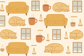 Cozy scene with cats, couches, and warm drinks during winter days indoors
