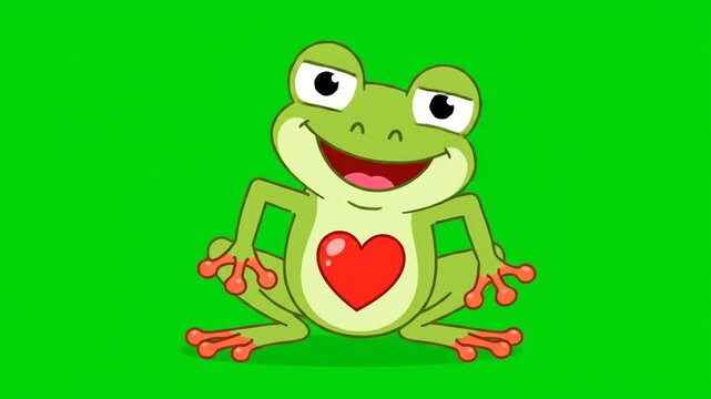 Cartoon frog with heart on green screen for educational or commercial use