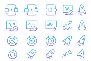 Icons showing workflows, processes, and rocket designs for technology and business ideas used in presentations and projects