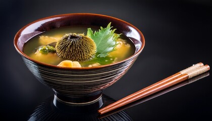 Japanese Uni Sea Urchin Soup With Seaweed In Lacquer Bowl And Chopsticks On Dark Reflective Table
