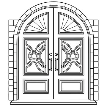 Black and White Line Drawing of Double Door with Arch Window