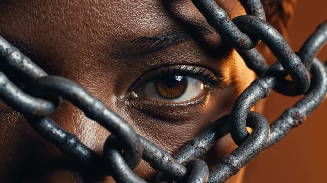 Closeup of a darkskinned eye framed by heavy, rusty metal chains