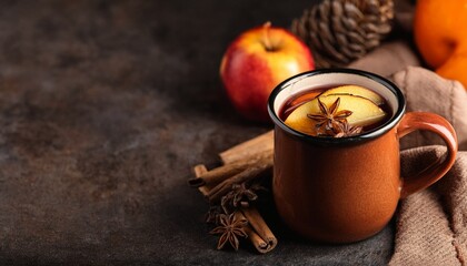 Simple Mulled Cider In Ceramic Mug On Charcoal Background Warm Tones With Large Copy Space