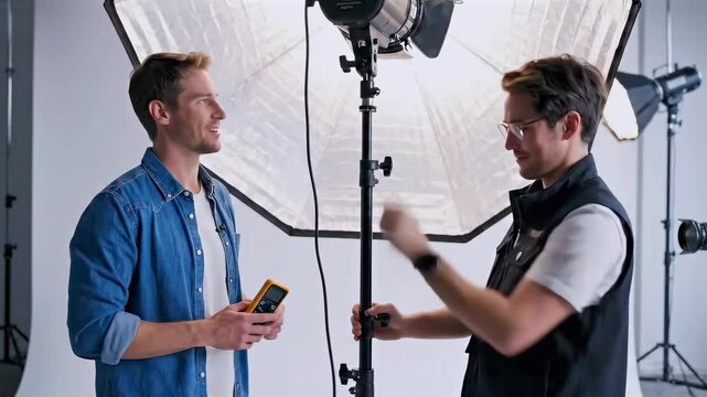 studio lighting setup two men adjusting softbox and lightstand checking meter and cable connections in modern photography studio - friendly teamwork between photographer and assistant -