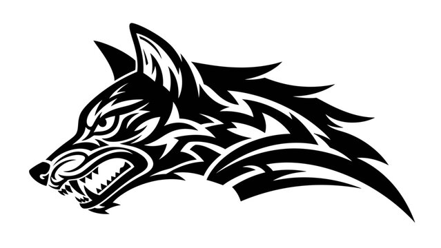 Black and white wolf head logo.