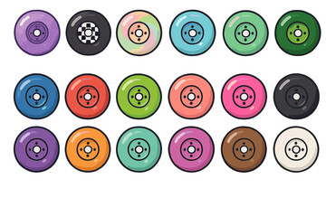Fototapeta premium Bowling balls in various colors and designs arranged in a grid on a flat surface for display and sale