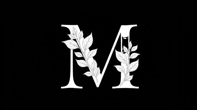 Elegant initial m letter with botanical decoration on black background