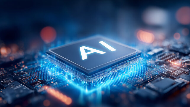 AI processor chip on circuit board, representing machine learning computing power and innovation.
