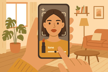 Person uses a phone to try out lipstick in a cozy room with plants, furniture, and warm lighting during the day