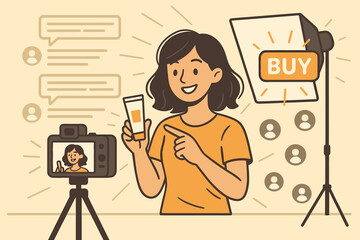 Person sells a product online by showing it on camera in a simple studio setting with soft lighting and chat messages on the side