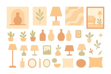 Various home decor items and plants arranged in a simple graphic design with soft colors and shapes displayed together in a clear layout