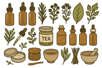 Details of herbal remedies and natural products displayed on a flat surface in a simple setting
