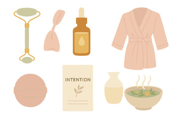 Self-care tools and items for relaxation and wellness at home during the day