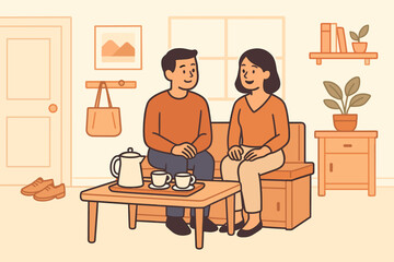 Couple enjoys drinks on a couch in a cozy room decorated with simple furniture and plants while having a conversation