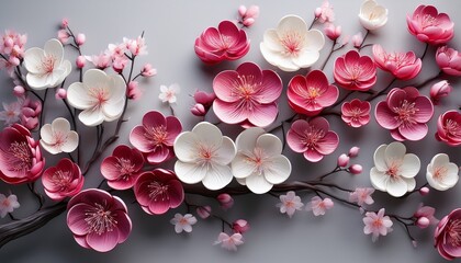 An Array Of Stylized Magenta And White Blossoms On Branches Float On A Gray Backdrop