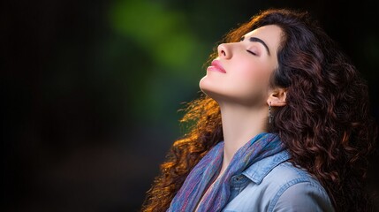Naklejka premium Serene woman with curly hair enjoying tranquility in a peaceful natural setting