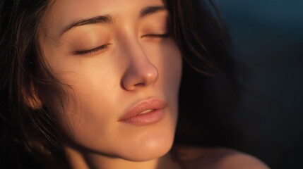 Fototapeta premium Peaceful close up portrait of a woman with soft warm light flowing around her face, expressing inner calm and emotional balance.
