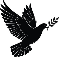 Obraz premium Flying dove silhouette holding olive branch, black vector symbol of peace, hope, freedom, reconciliation, and humanitarian design for stock