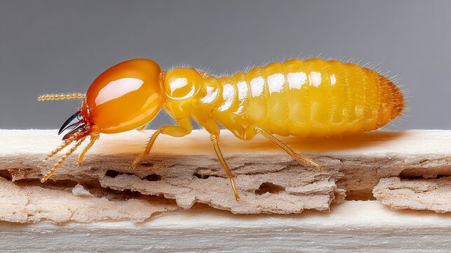Close-up image of a termite on a piece of wood with detailed view of its body and wood surface