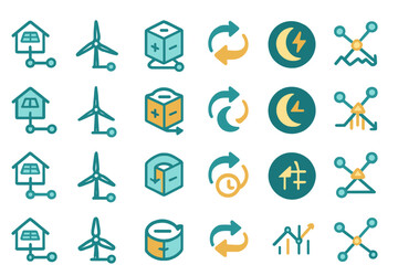 Various symbols related to renewable energy and sustainability displayed in a grid pattern