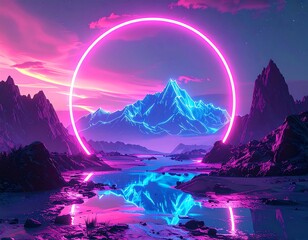 Neon Mountainscape - A Cyberpunk Dreamscape of Peaks and Reflections.