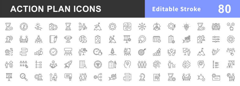 Set of action plan web icons line style. Strategy, objectives, purpose, action, planning, collaboration and analysis. Strategic action planning icons for web and mobile apps. Editable stroke. Vector