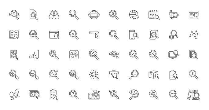 Search icon set. Magnifying glass linear icon collection. Contains SEO, digital marketing, data analysis, management, investigation, find and more. Editable stroke. Vector illustration