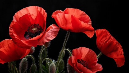 Vibrant Red Poppies Bloom Against A Stark Black Background Capturing Nature S Delicate Beauty