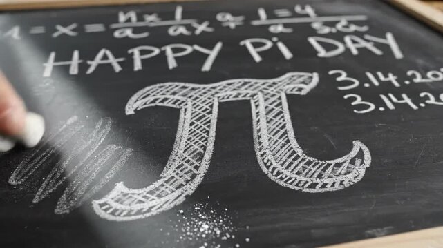 Hand drawing pi symbol and math on a chalkboard for pi day