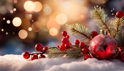 Holiday Decorations Including Red Berries Fir Branches And Baubles Resting On Snow With A Warm Bokeh Background