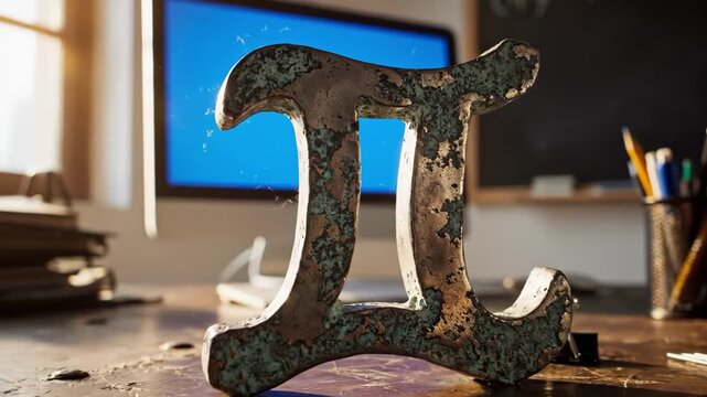 Aged gemini zodiac symbol on a cluttered wooden desk